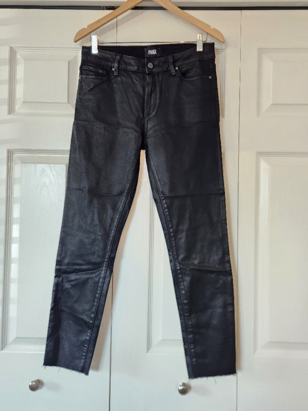 Paige Verdugo ankle raw hem midrise skinny jeans black luxe wax coated